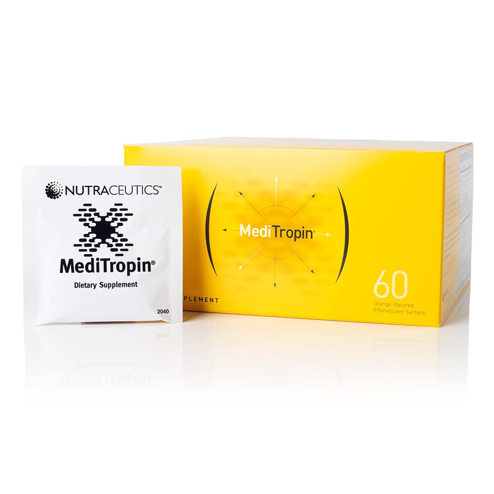 Nutraceutics Meditropin bottle and sachets on a clean countertop, supporting balance and daily wellness.