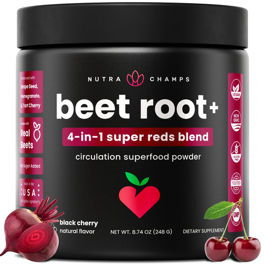 NutraChamps Beet Root Powder bottle emphasizes circulation support for daily energy.