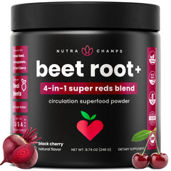 NutraChamps Beet Root Powder bottle emphasizes circulation support for daily energy.