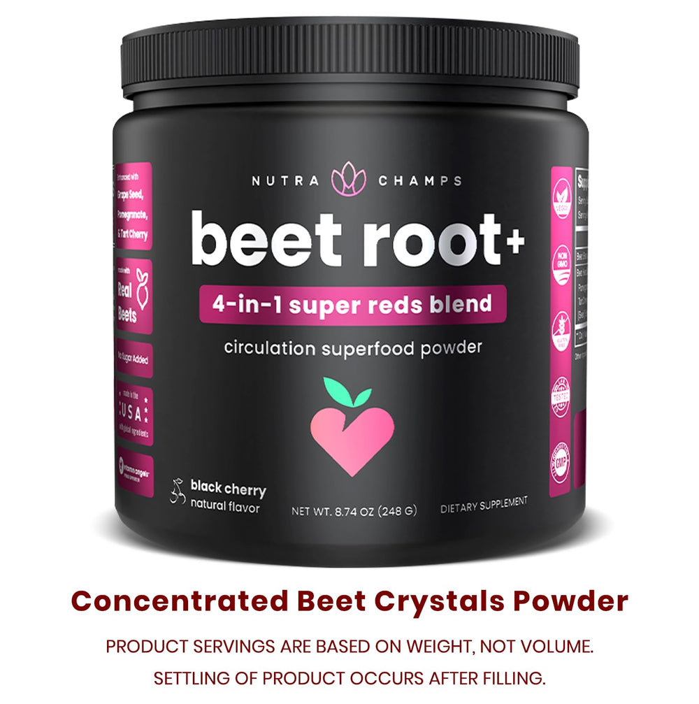 NutraChamps Beet Root Powder stir-into-glass illustrates quick beverage preparation.