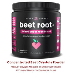 NutraChamps Beet Root Powder stir-into-glass illustrates quick beverage preparation.