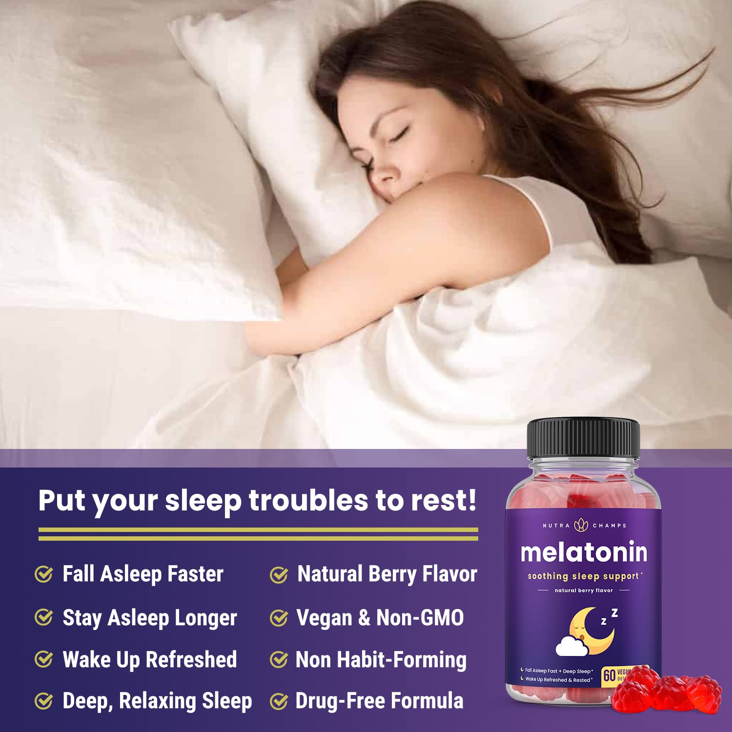 NutraChamps berry-flavored melatonin gummies close-up, a tasty nightly ritual.