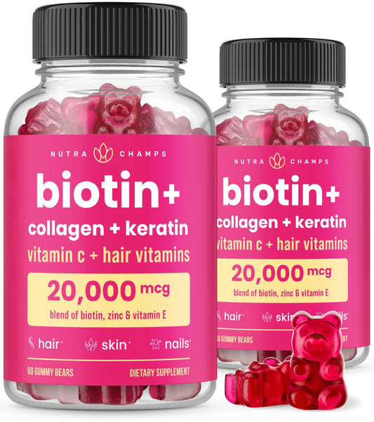 NutraChamps Biotin Gummies bottle showing berry flavor for daily beauty support.