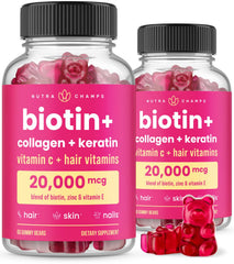NutraChamps Biotin Gummies bottle showing berry flavor for daily beauty support.