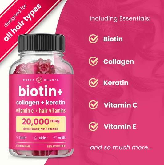 NutraChamps Biotin Gummies label close-up highlighting collagen and keratin benefits.