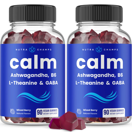 NutraChamps Calm Gummies bottle shown for convenient daily stress support