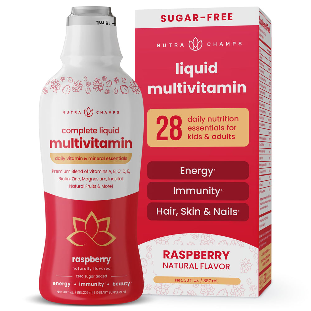 NutraChamps Complete Liquid Multivitamins bottle front, compact daily nutrition for the whole family.