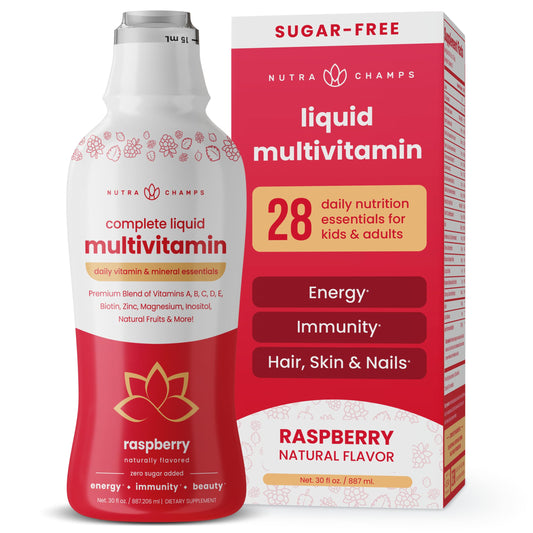 NutraChamps Complete Liquid Multivitamins bottle front, compact daily nutrition for the whole family.