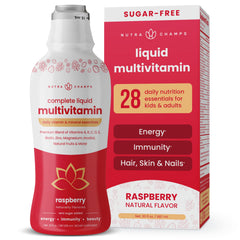 NutraChamps Complete Liquid Multivitamins bottle front, compact daily nutrition for the whole family.