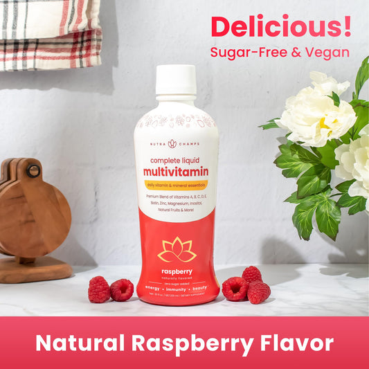 NutraChamps Complete Liquid Multivitamins label closeup, vegan, non-GMO formula for clean daily nutrition.