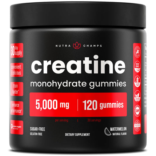 NutraChamps Creatine Gummies 5g serving for convenient gym performance support.