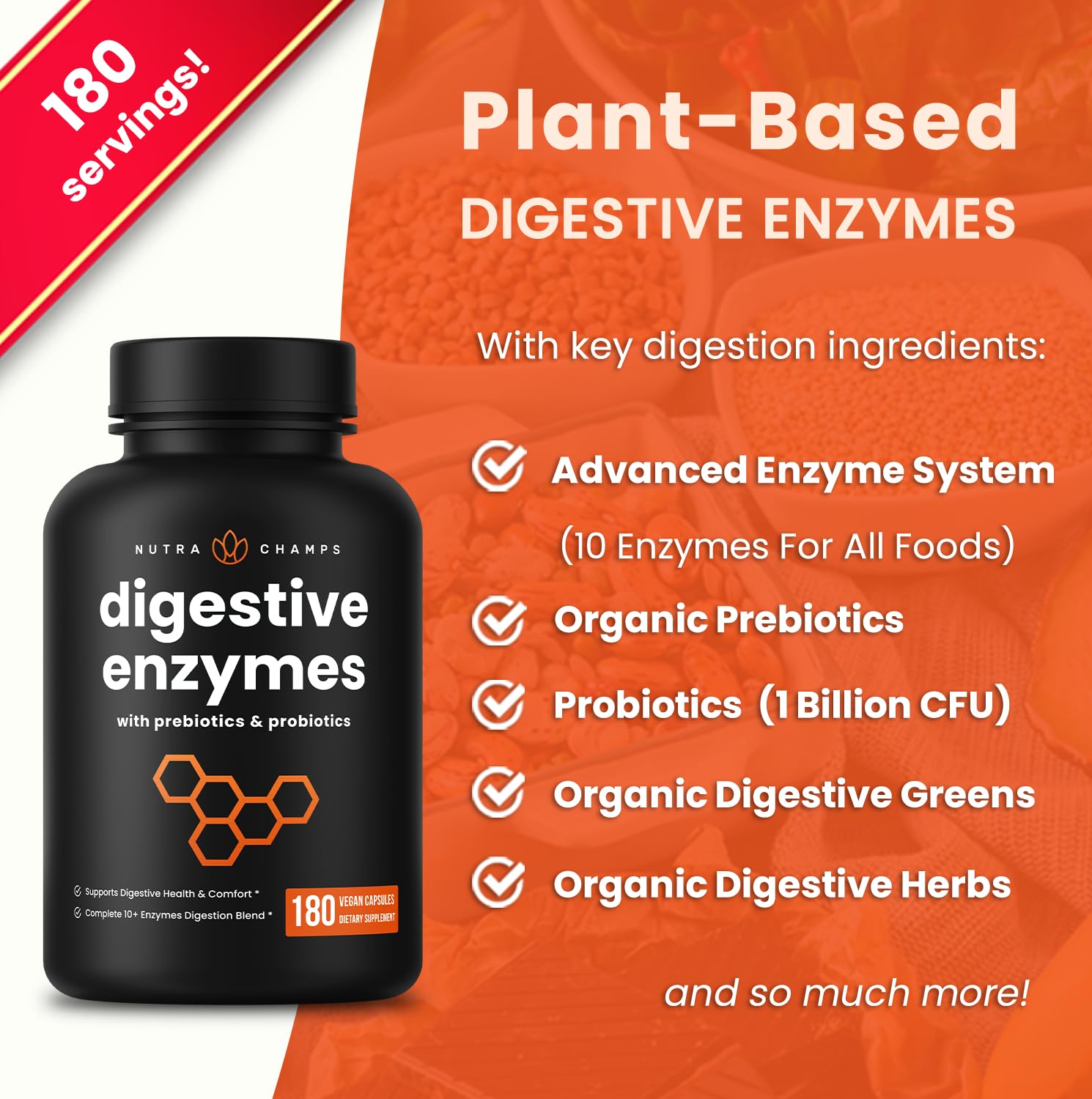 Close-up of NutraChamps Digestive Enzymes capsules; enzyme-backed care for better nutrient absorption.