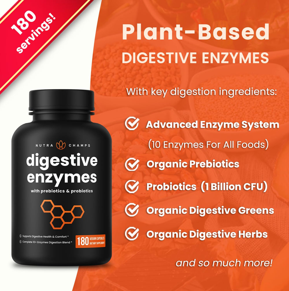 Close-up of NutraChamps Digestive Enzymes capsules; enzyme-backed care for better nutrient absorption.