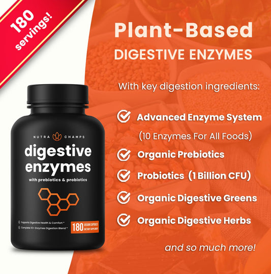 Close-up of NutraChamps Digestive Enzymes capsules; enzyme-backed care for better nutrient absorption.