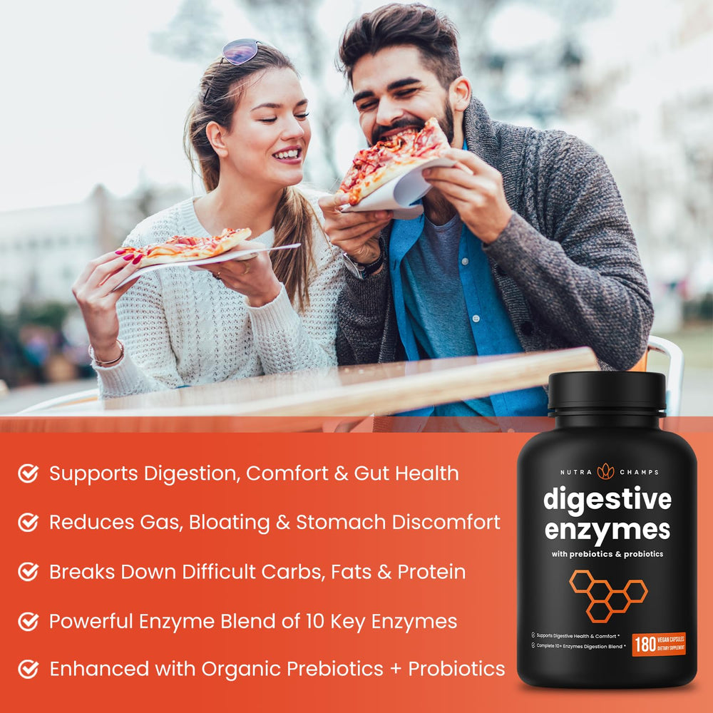 NutraChamps Digestive Enzymes probiotic blend; supports a balanced gut ecosystem and easier meals.