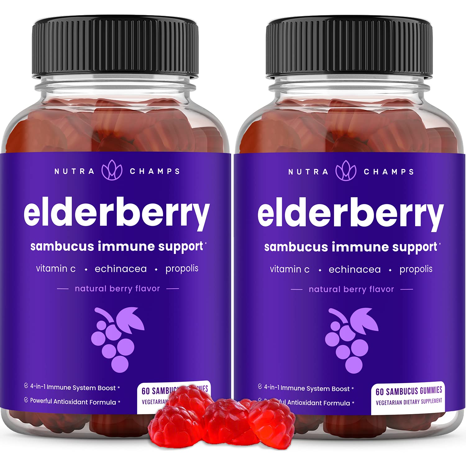 NutraChamps Elderberry Gummies bottle and glass showing berry flavor for daily support