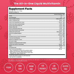 NutraChamps Complete Liquid Multivitamins graphic, highlighting immune and energy support on the go.