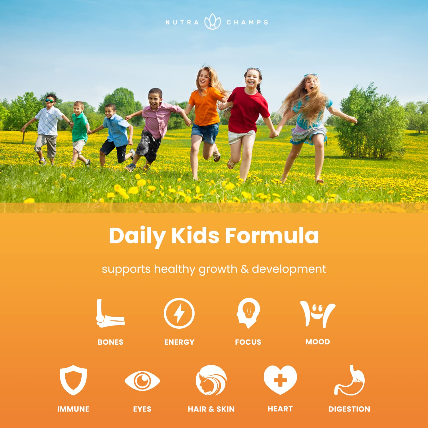 NutraChamps Kids Gummies Passionfruit bottle supports energy and immune health.