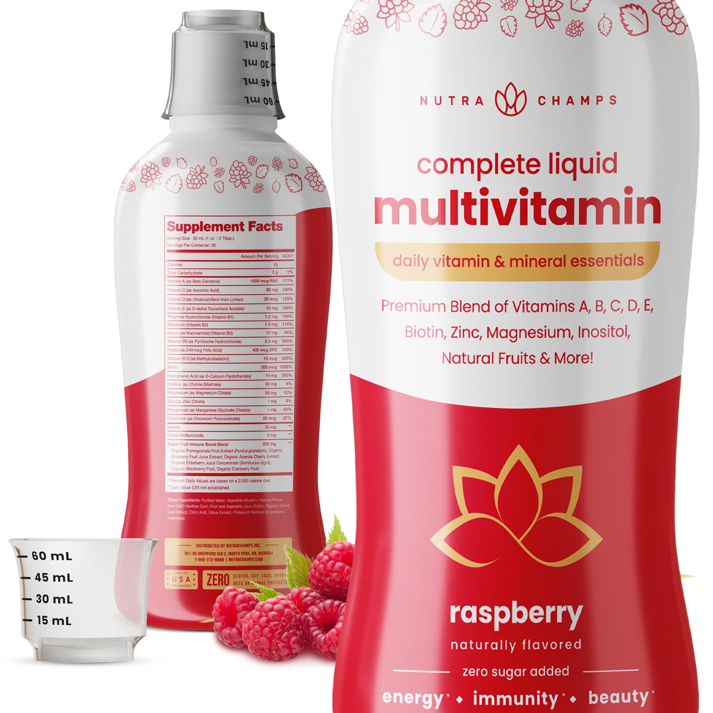 NutraChamps Complete Liquid Multivitamins pouring into a glass, easy morning boost on busy days.