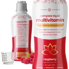 NutraChamps Complete Liquid Multivitamins pouring into a glass, easy morning boost on busy days.