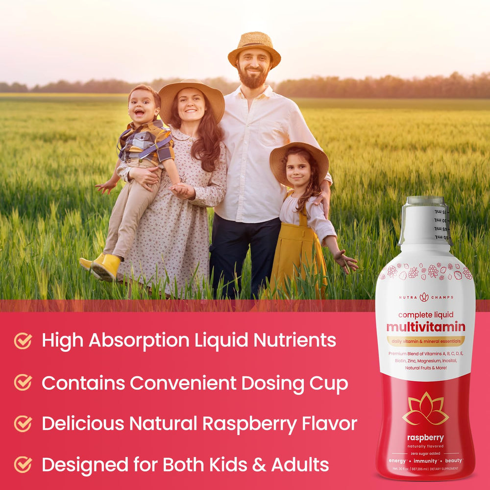 NutraChamps Measuring cup with liquid multivitamin, precise dosage for family members of all ages.
