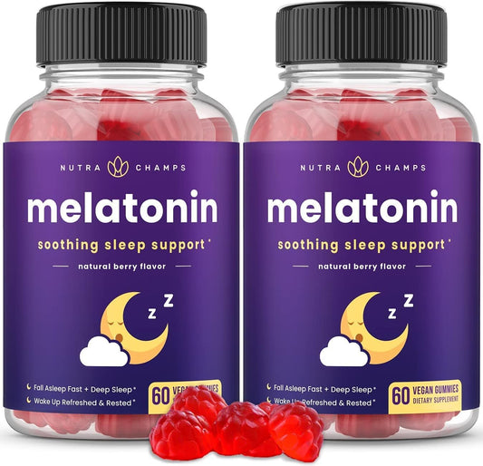 NutraChamps melatonin gummies bottle shown for a calming bedtime routine.