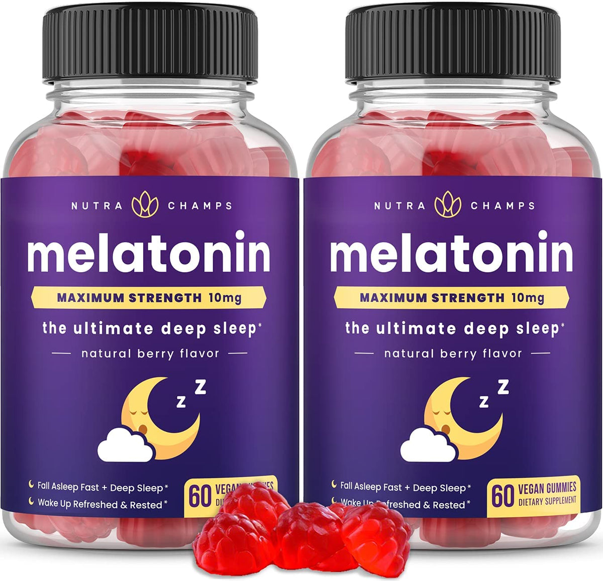 NutraChamps melatonin gummies two-pack strawberry bottle with vegan sleep support