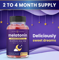 Nutrition label visible on NutraChamps melatonin gummies two-pack highlighting quality