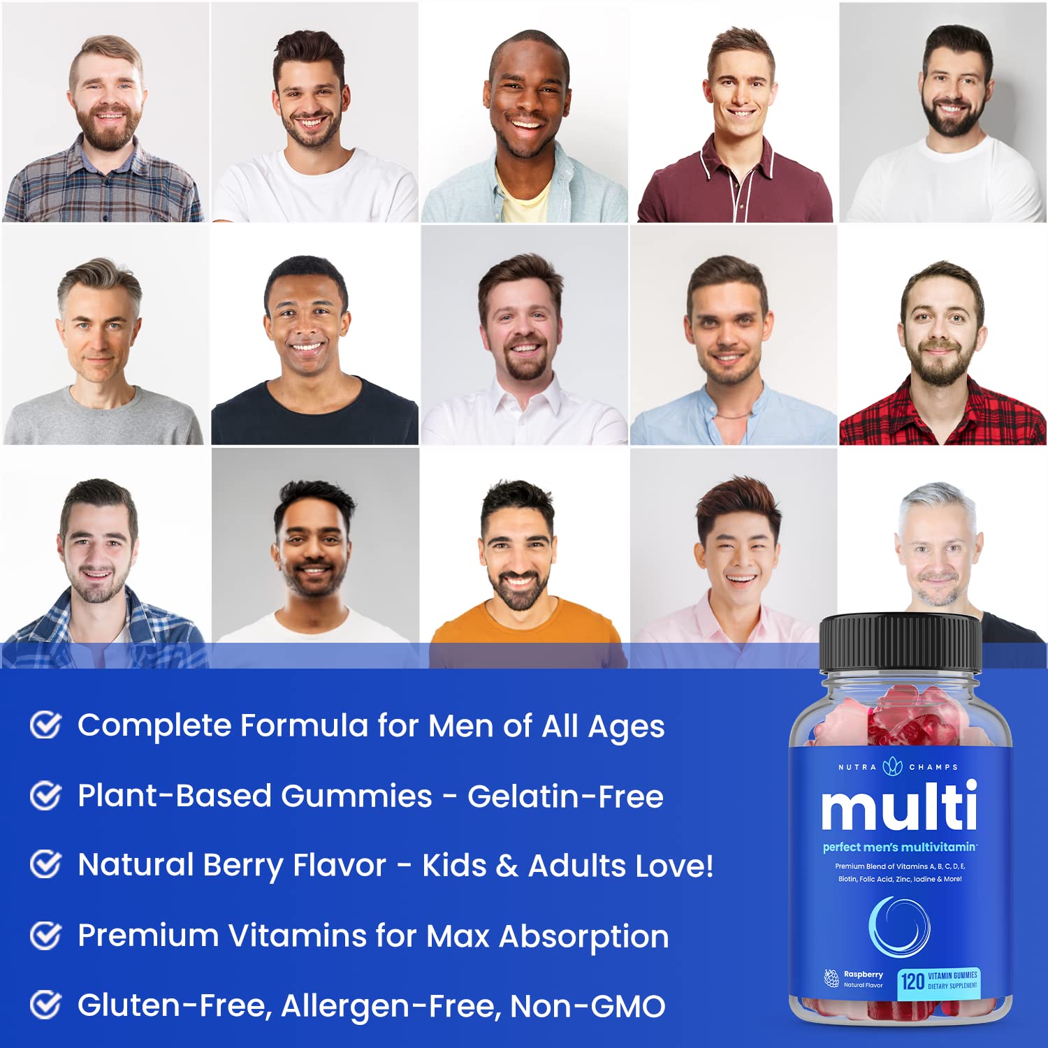 NutraChamps men's multivitamin nutrition label showing broad vitamin blend.