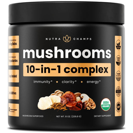 NutraChamps organic mushroom powder bottle front for daily focus.