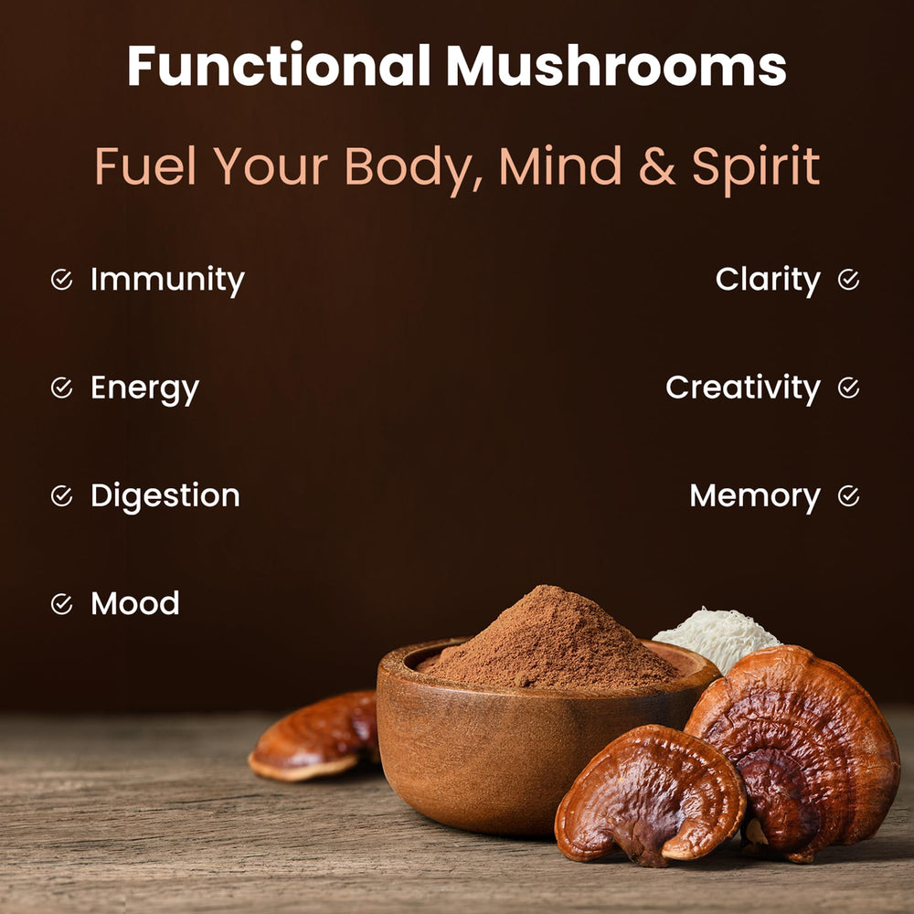 NutraChamps mushroom powder bowl pour showing versatile mix.