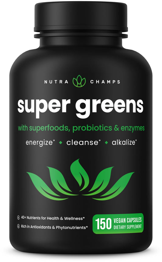 NutraChamps Organic Super Greens bottle shows convenient daily capsules for on-the-go nutrition.
