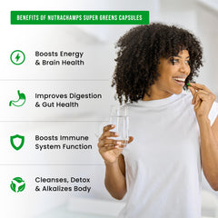 NutraChamps Organic Super Greens dietary facts underline 40+ superfoods and enzymes.