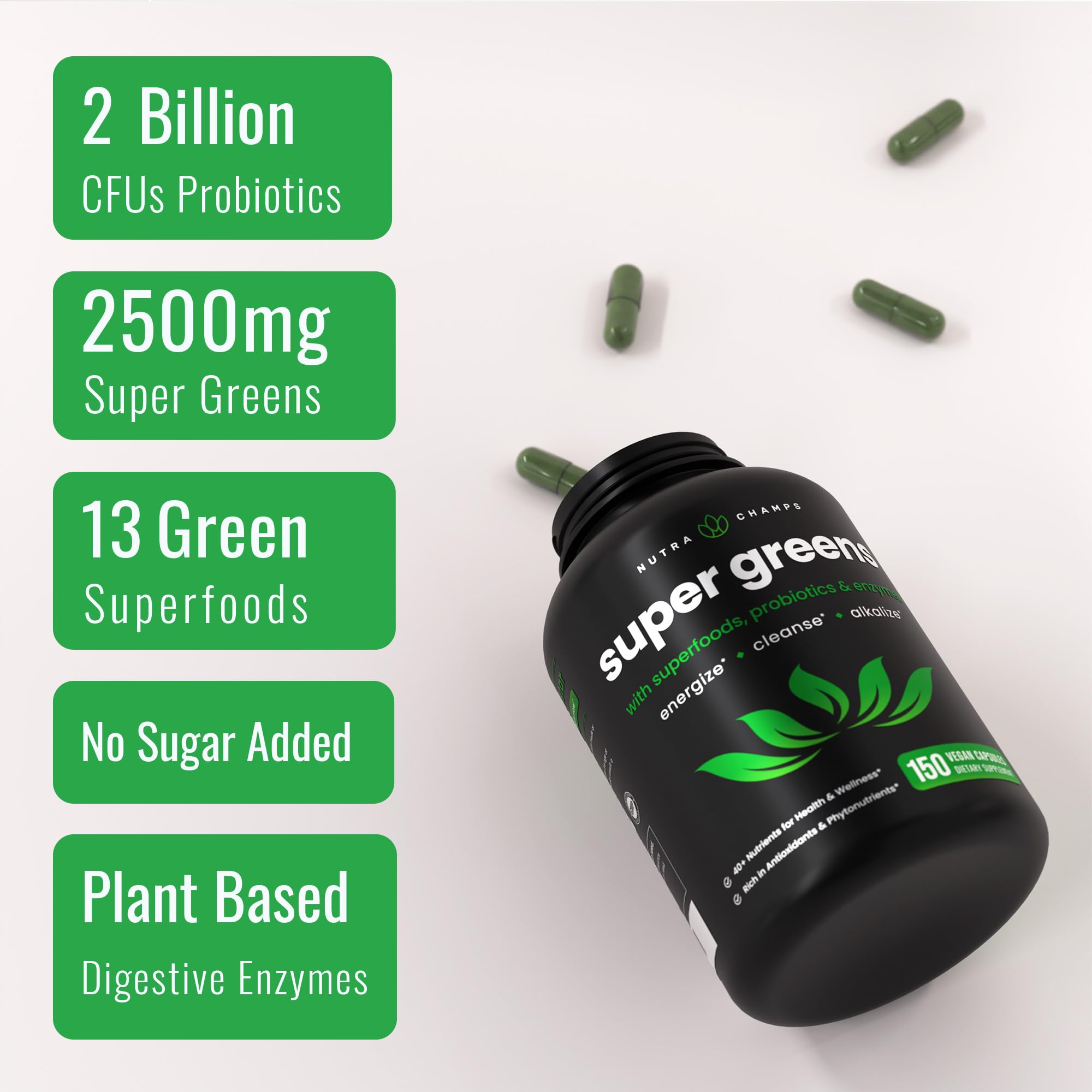 NutraChamps Organic Super Greens label confirms vegan, non-GMO, allergen-free features.