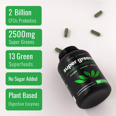 NutraChamps Organic Super Greens label confirms vegan, non-GMO, allergen-free features.