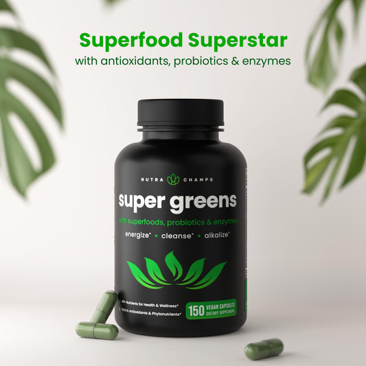 NutraChamps Organic Super Greens pills closeup highlights compact plant-based nutrition.
