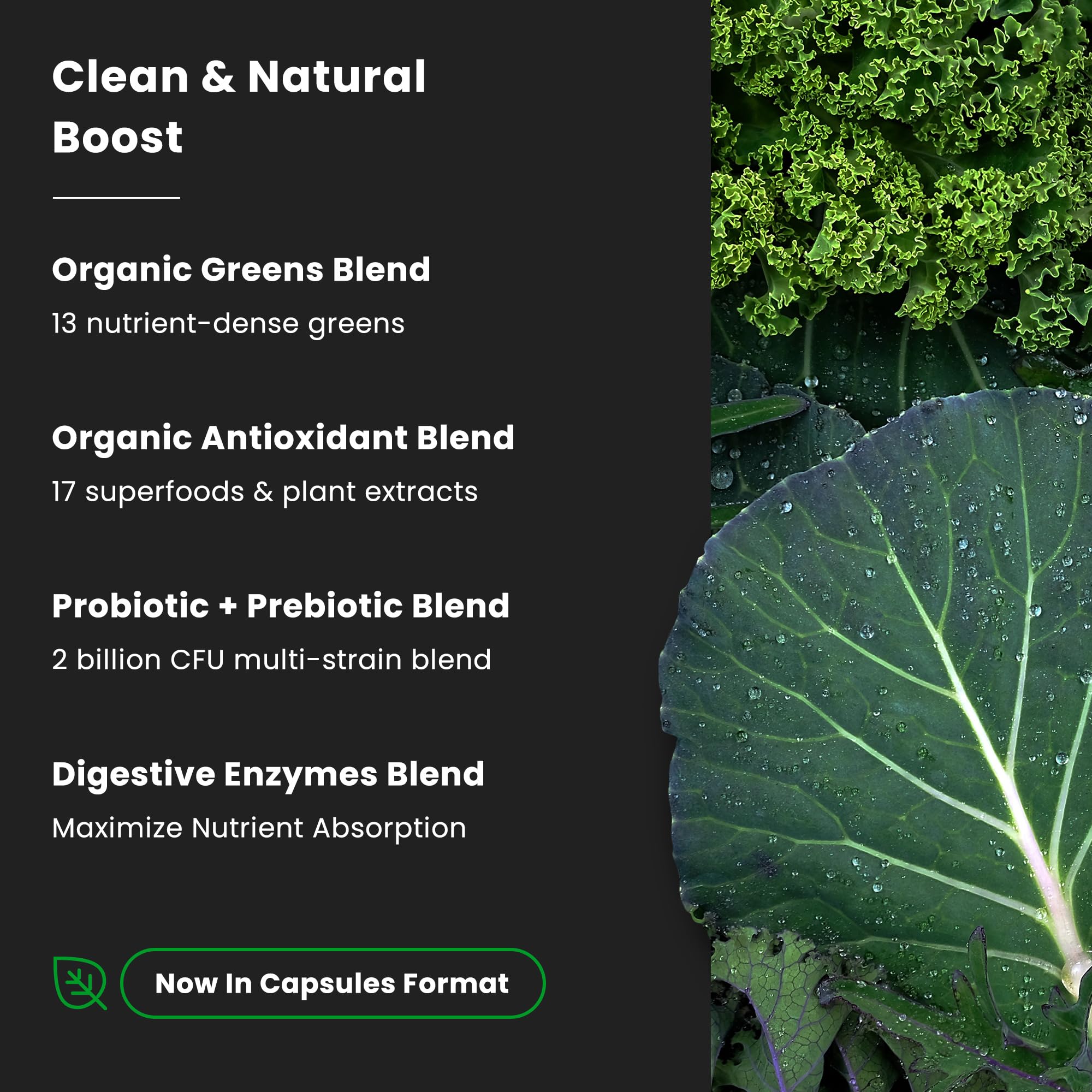 NutraChamps Organic Super Greens ingredients packaging emphasizes clean energy and gut-friendly nutrients.