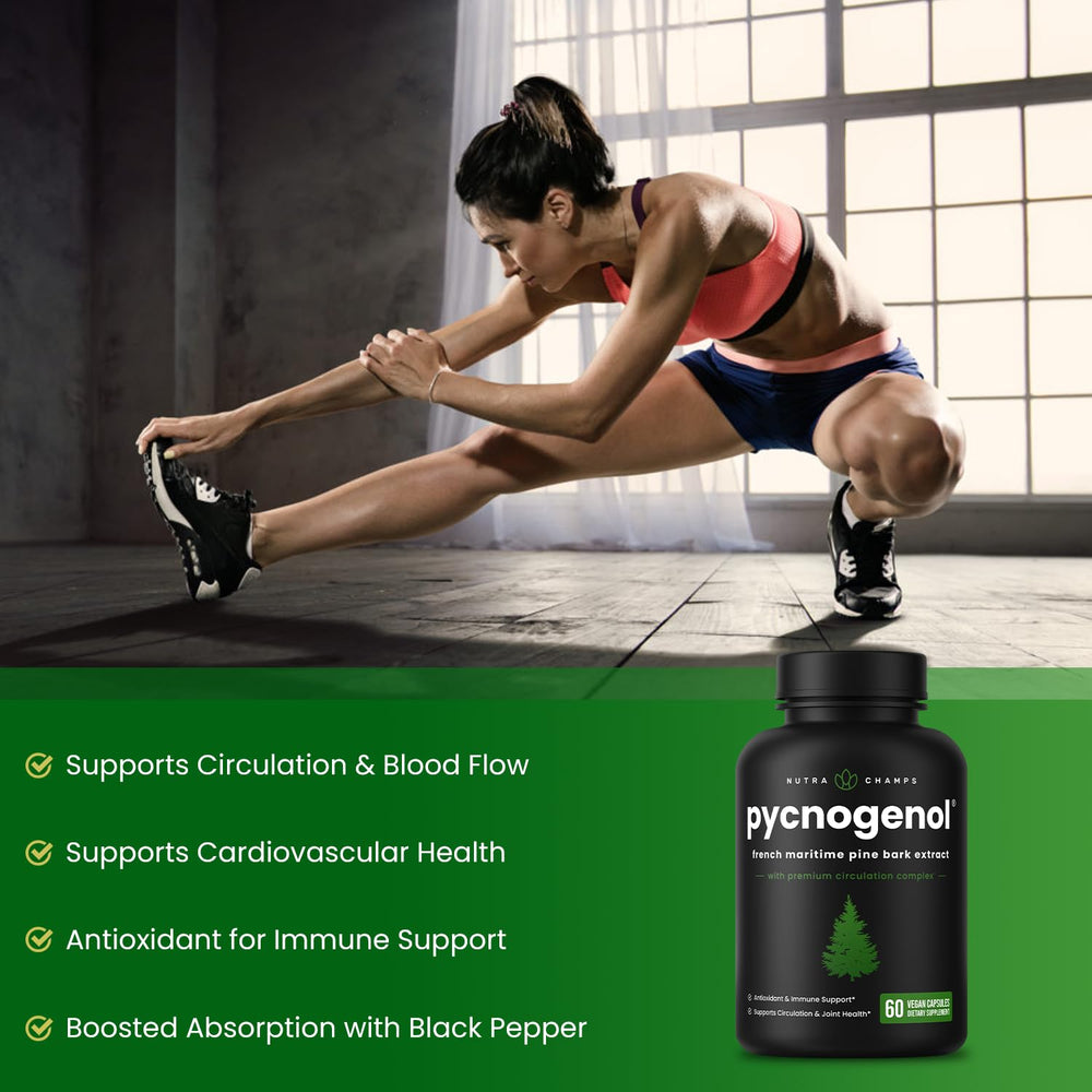NutraChamps Pycnogenol bottle with label highlighting cGMP manufacturing