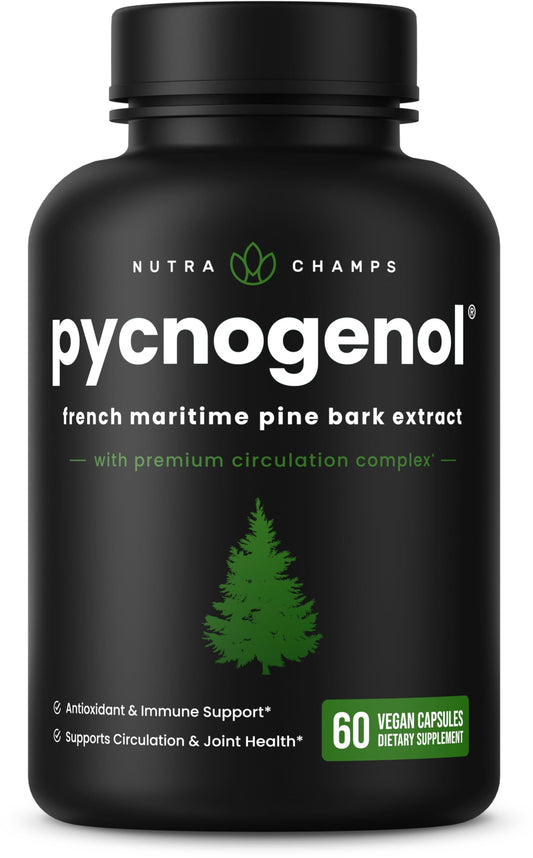 NutraChamps Pycnogenol capsules close-up showing circulation support ingredients