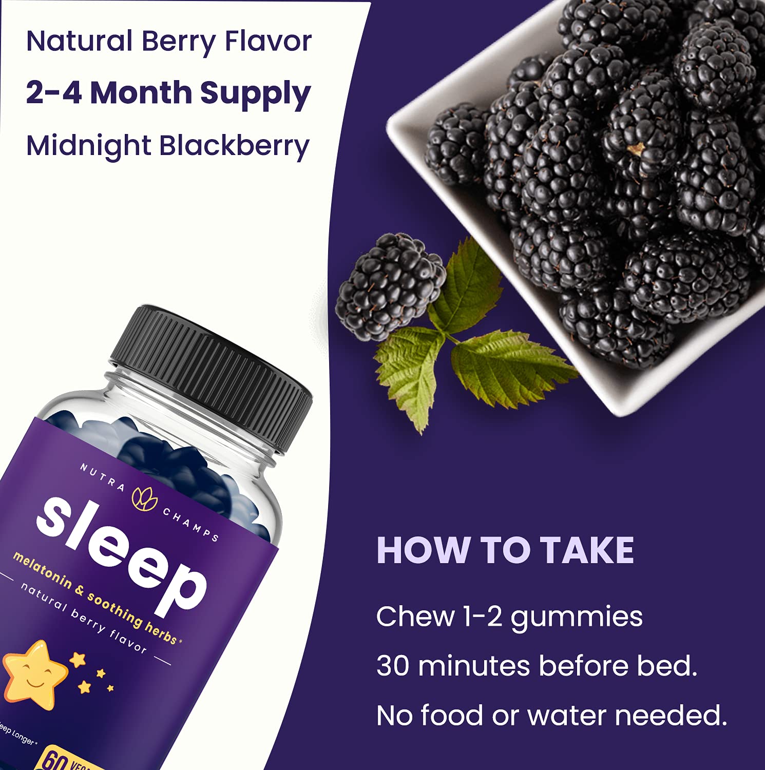 NutraChamps Sleep Gummies berry flavor chews illustrate tasty, easy-to-take nightly ritual.