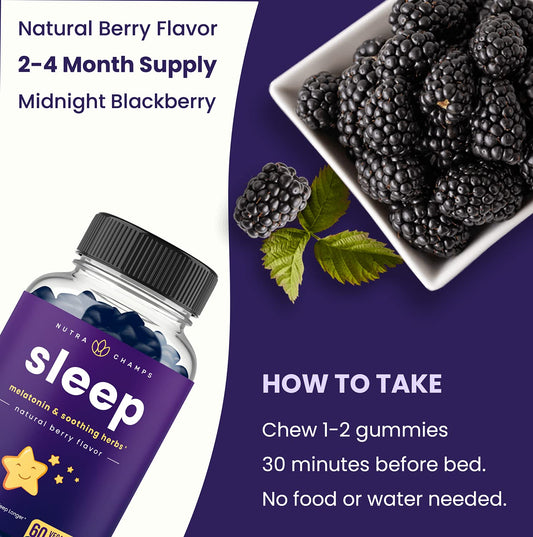 NutraChamps Sleep Gummies berry flavor chews illustrate tasty, easy-to-take nightly ritual.