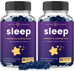 NutraChamps Sleep Gummies bottle shown for convenient nightly use and herbal support.