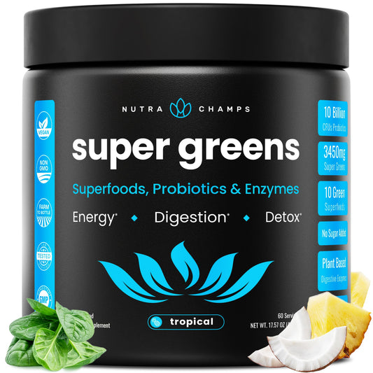 NutraChamps Super Greens bottle on kitchen counter shows tropical greens for daily energy.