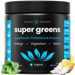 NutraChamps Super Greens bottle on kitchen counter shows tropical greens for daily energy.