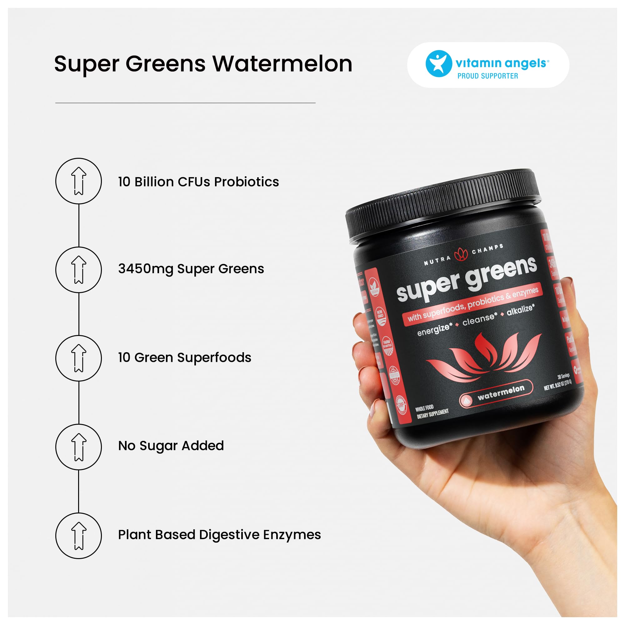 NutraChamps Super Greens bottle with nutrition panel visible.