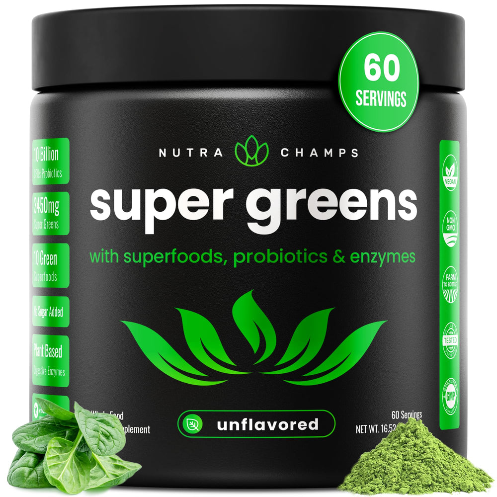 NutraChamps Super Greens bottle showing premium greens for daily nutrition