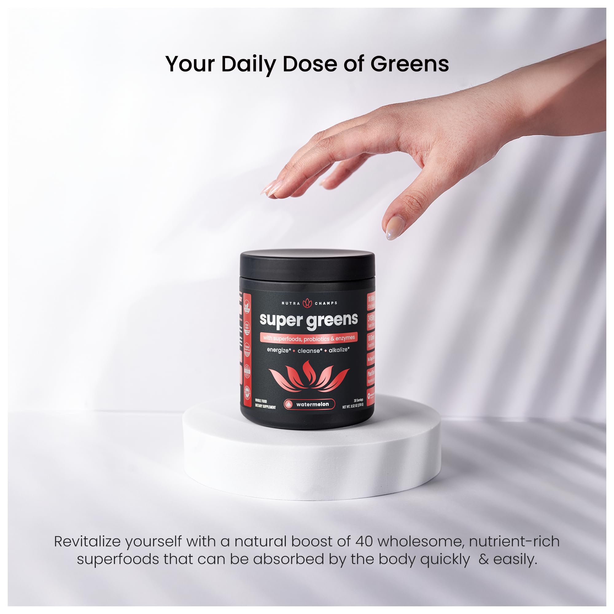 NutraChamps Super Greens powder being whisked into water.