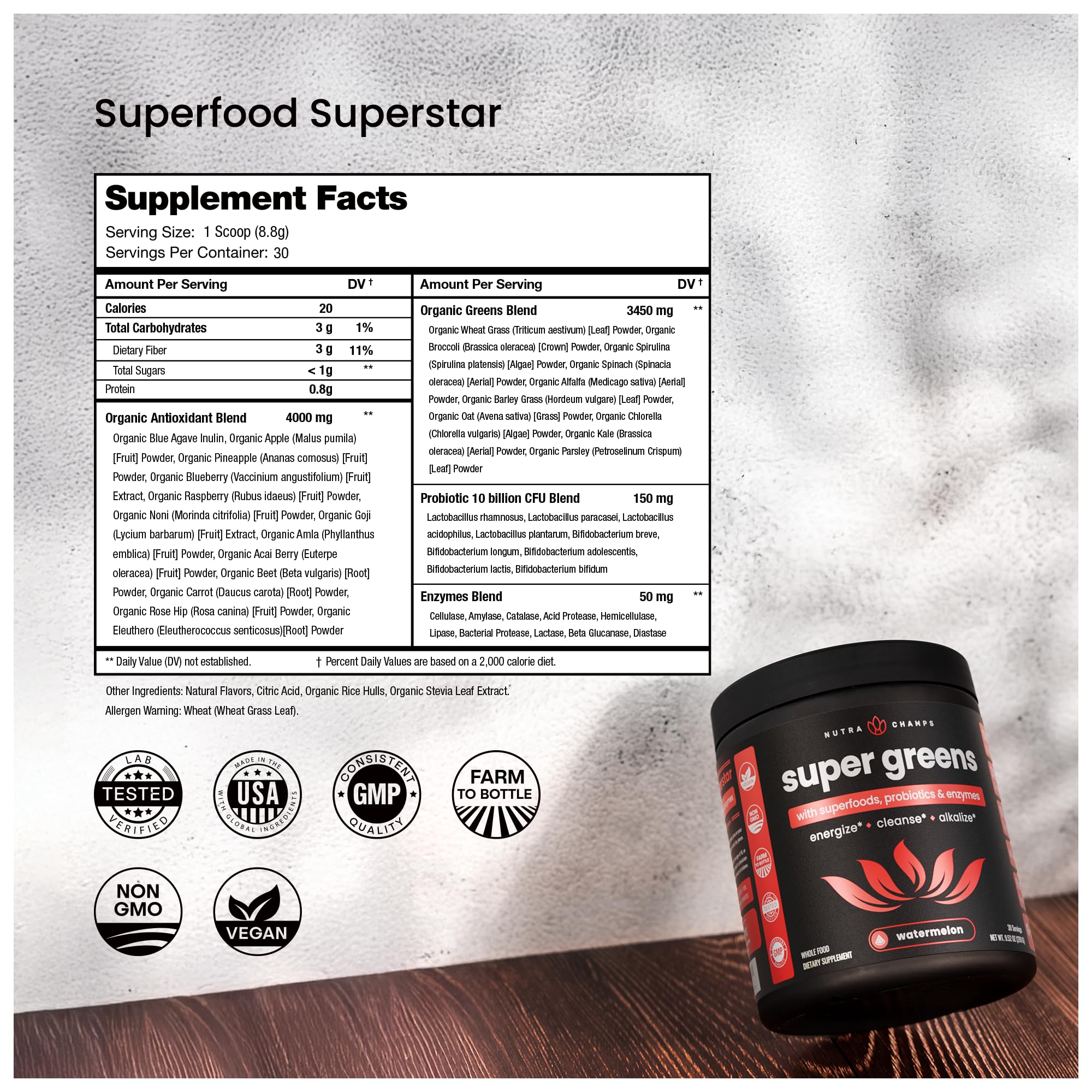 NutraChamps Super Greens powder poured into a glass with smoothie.