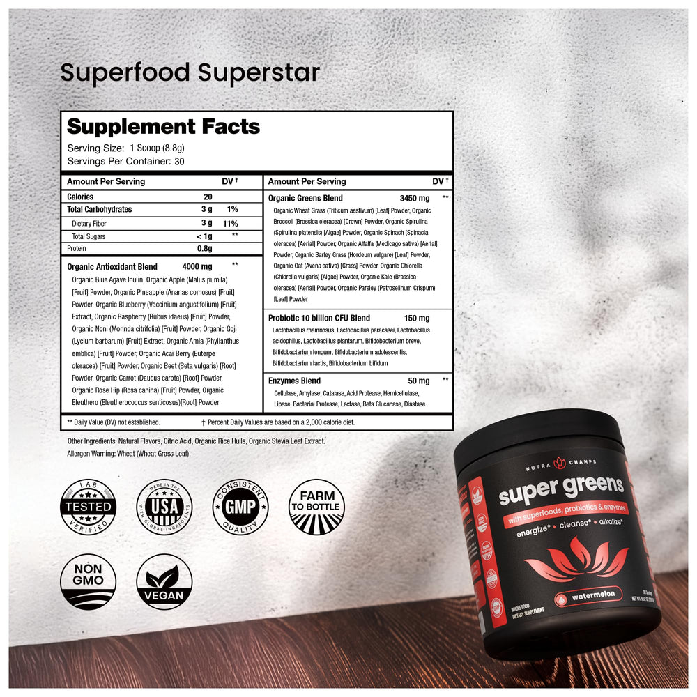 NutraChamps Super Greens powder poured into a glass with smoothie.