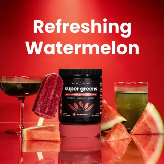 NutraChamps Super Greens ingredients label close-up with antioxidant blend.